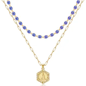 14K Gold Layered Evil Eye Initial Necklaces for Women