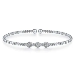 14K White Gold Bujukan Bead Cuff Bracelet with Cluster Diamond Hexagon Stations