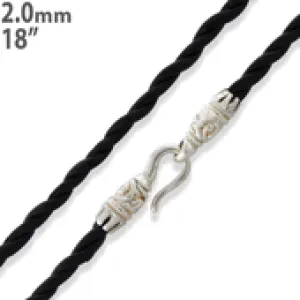 18" Black Twisted Leather Necklace 2mm w/ Sterling Silver Bali Lock