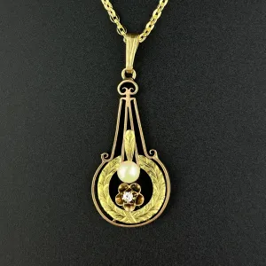 Antique Victorian 10K Gold Diamond Pearl Lavalier Pendant Necklace