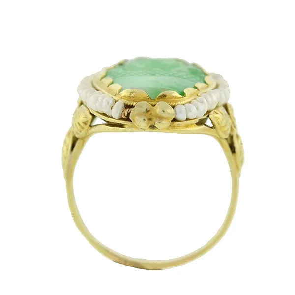 Art Deco Carved Jade & Seed Pearl Filigree Ring