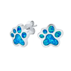 BFF Lover Pet Dog Cat Paw Print Opal Stud Earrings Sterling Silver