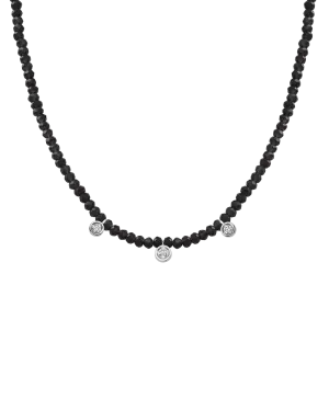 Black Spinel Gemstone & Three diamonds Necklace - 14K White Gold