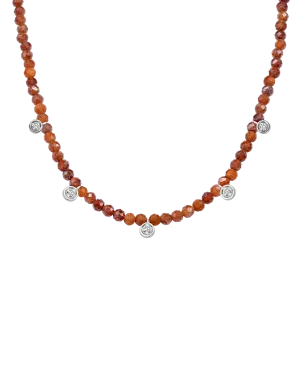 Garnet Gemstone & Five diamonds Necklace - 14K White Gold