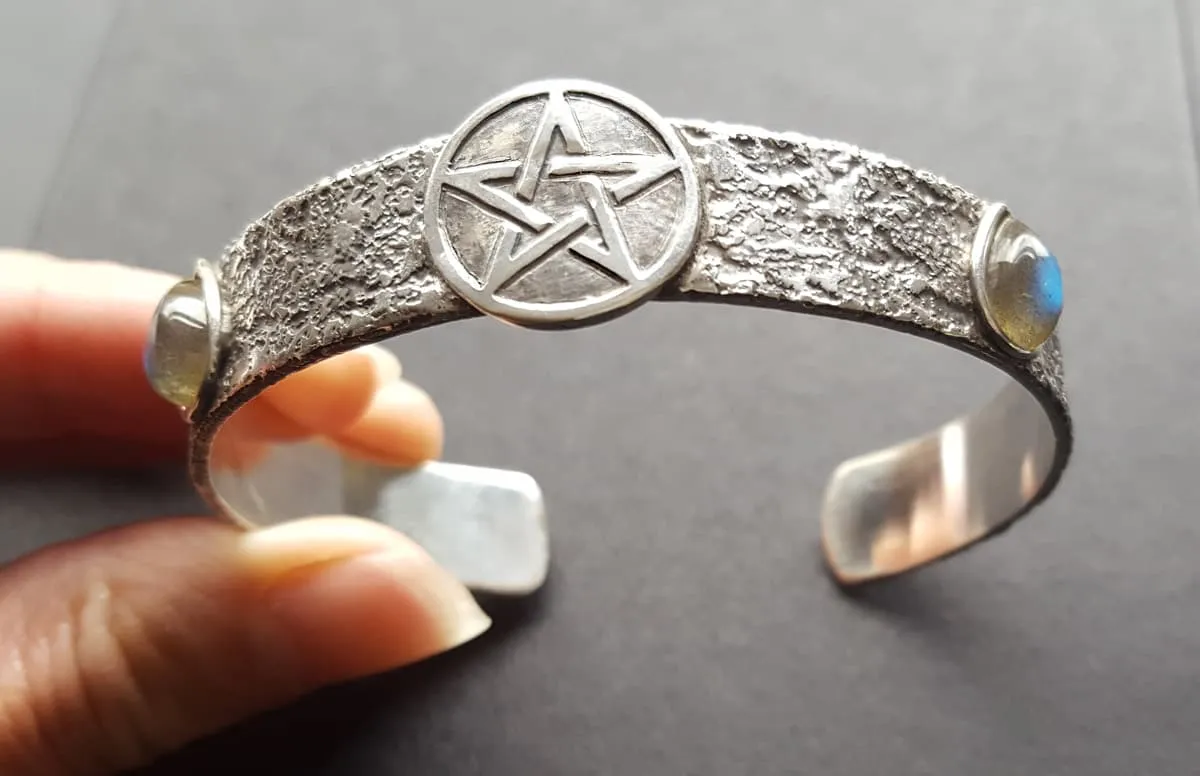 Labradorite Teardrop Pentacle Bangle, Solid Silver Pentagram Bracelet, Handmade