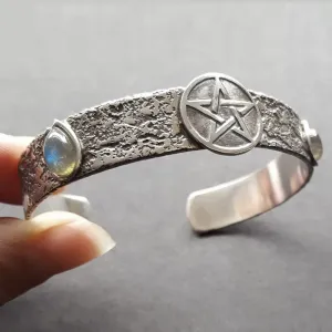 Labradorite Teardrop Pentacle Bangle, Solid Silver Pentagram Bracelet, Handmade