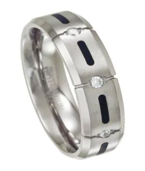 Men's Titanium Wedding Ring with Black Resin and 4 CZs | 7mm