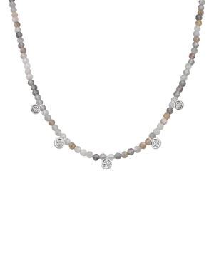 Moonstone Gemstone & Five diamonds Necklace - 14K White Gold