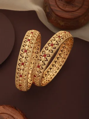 Set Of 2 22K Gold-Plated Marron Red Stone-Studded Handcrafted Bangles