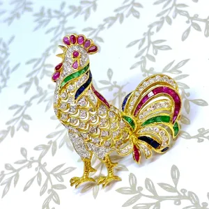 Vintage 18K Gold Multi Gemstone Rooster Brooch